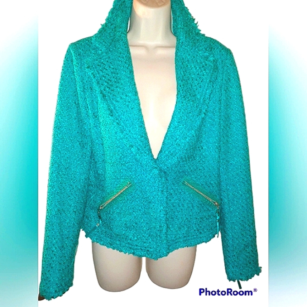 SAOPAULO TURQUOISE SNAP CLOSURE BLAZER RAW CUFFLINE/ WAISTLINE NWOT